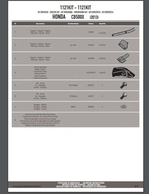 Givi 1121KIT Kit montażowy stelaża bocznego bez stelaża centralnego Honda CB 500 X (13-23) / NX 500 (24-25) Nowy