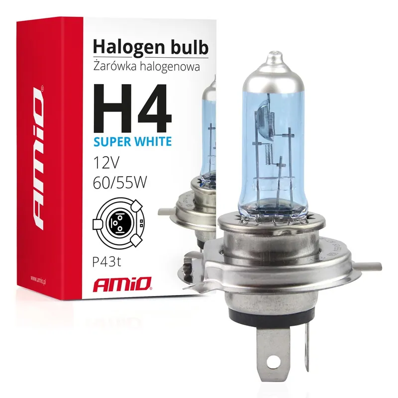Żarówka halogenowa H4 12V 60/55W filtr UV (E8) Super White AMIO-01269 Tani