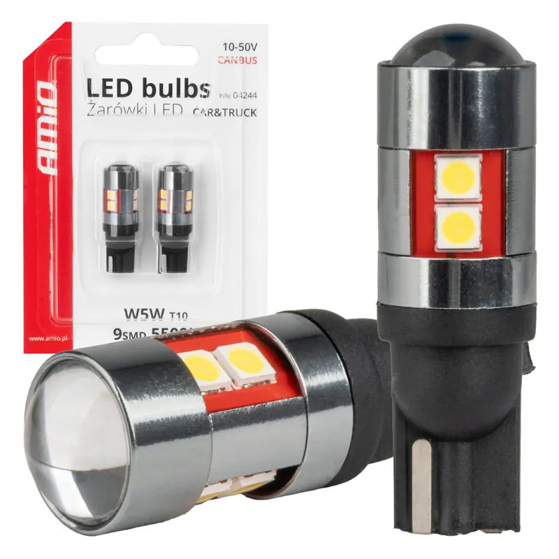 Żarówki LED CANBUS T10 W5W 9 SMD 3030 White 12V 24V 36V 48V AMIO-04244 Wyprzedaż