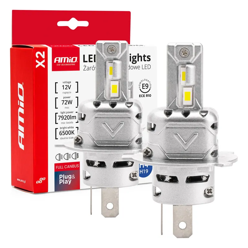 Żarówki samochodowe LED seria X2 H4/H19 6500K Canbus AMIO-02972 Oferta limitowana