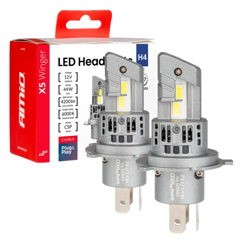 Żarówki samochodowe LED seria X5 Winger H4 6000K Canbus AMIO-03945 Popularny