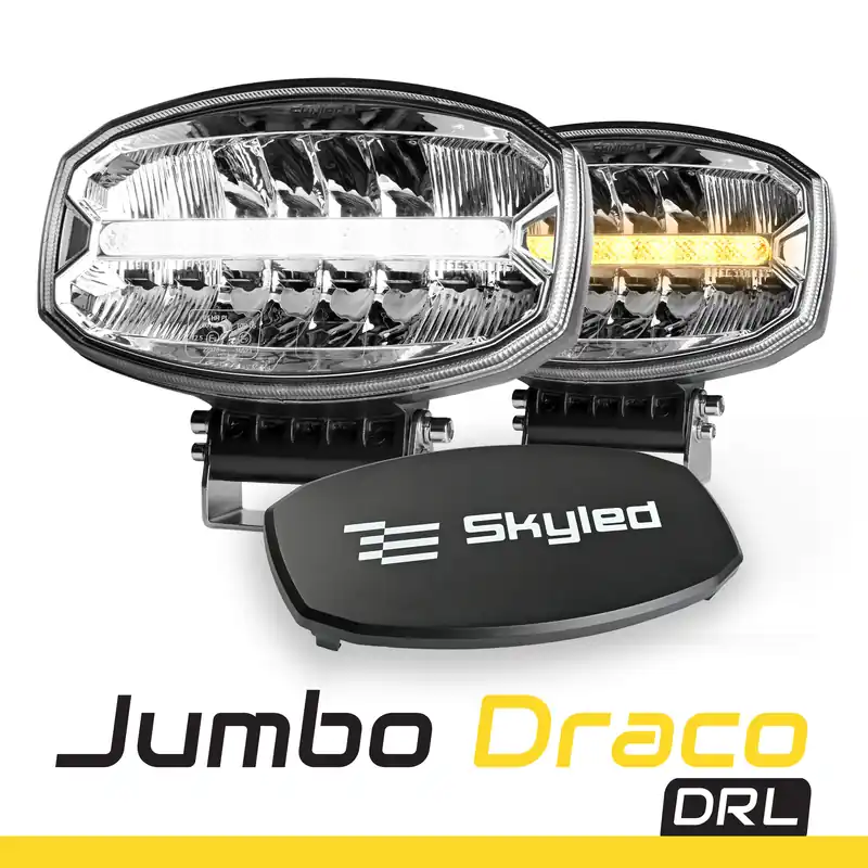 Nie przegap Reflektor SKYLED Jumbo Draco DRL FULL LED (80W, białe i pomarańczowe światło do jazdy dziennej + pokrywa) R10/R87/R112